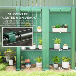 Serre de jardin balcon avec étagères métalliques 3 niveaux 2 portes acier noir PE vert