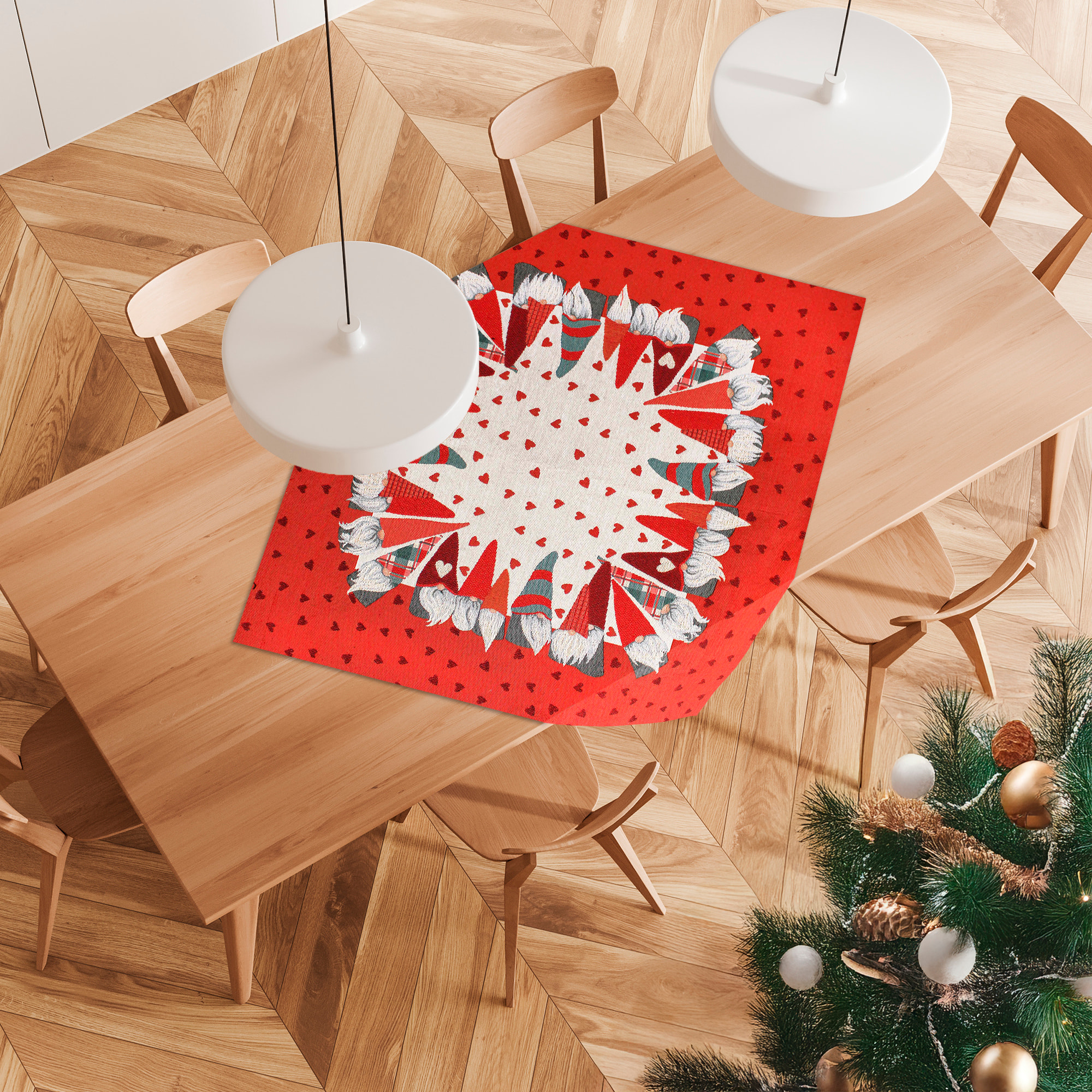 CENTROTAVOLA NATALIZIO JACQUARD DISEGNO GNOMI CUORI CHORUS