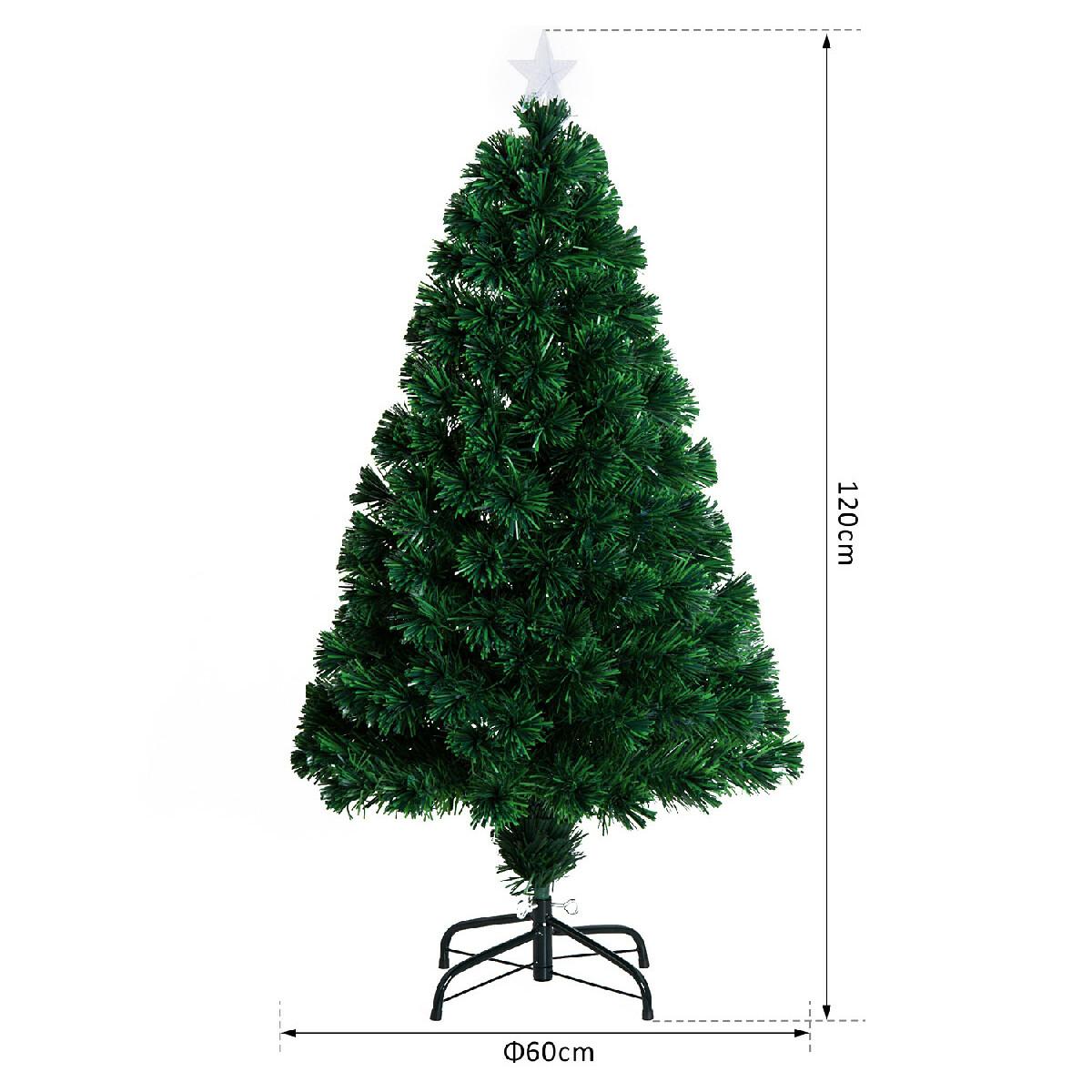 Sapin de Noël artificiel lumineux fibre optique LED multicolore + support pied Ø 60 x 120H cm 130 branches étoile sommet brillante vert