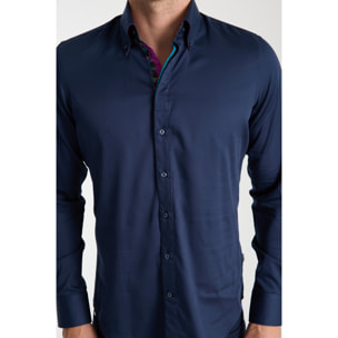 Camicia Uomo 2 Bottoni Button Down Slim Satin Unito Blu