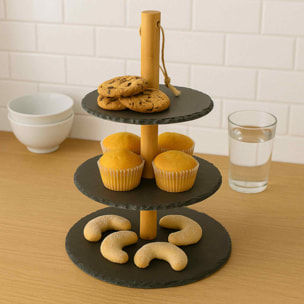 Torre de pizarra y madera de pino para presentación de comida