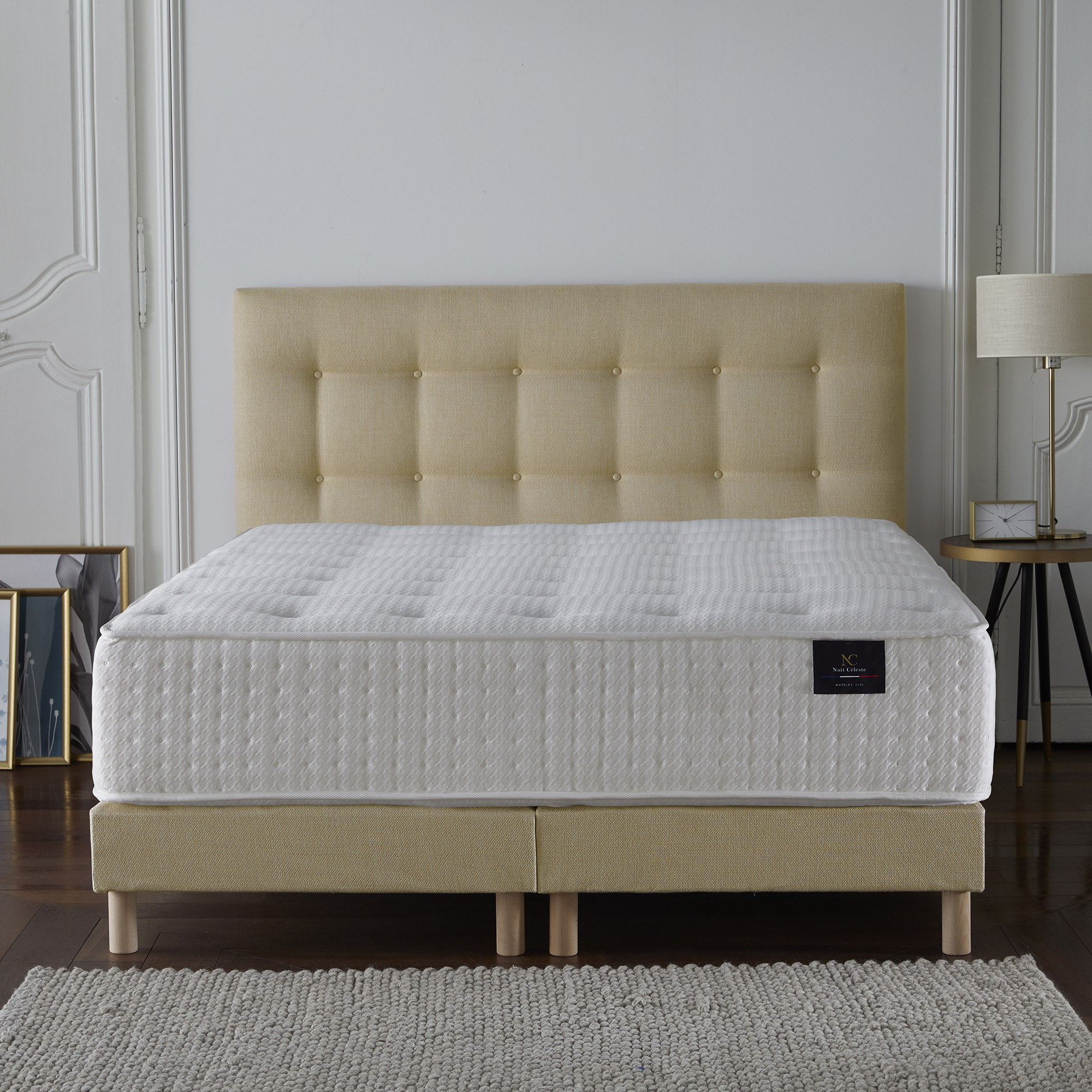 Ensemble Hélios + tête de lit capitonnée - Matelas ressorts ensachés Mémoire de forme Latex - Sommier Jaune