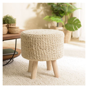 CHARLES - Tabouret rond 40x40cm laine tressé ivoire pieds bois naturel