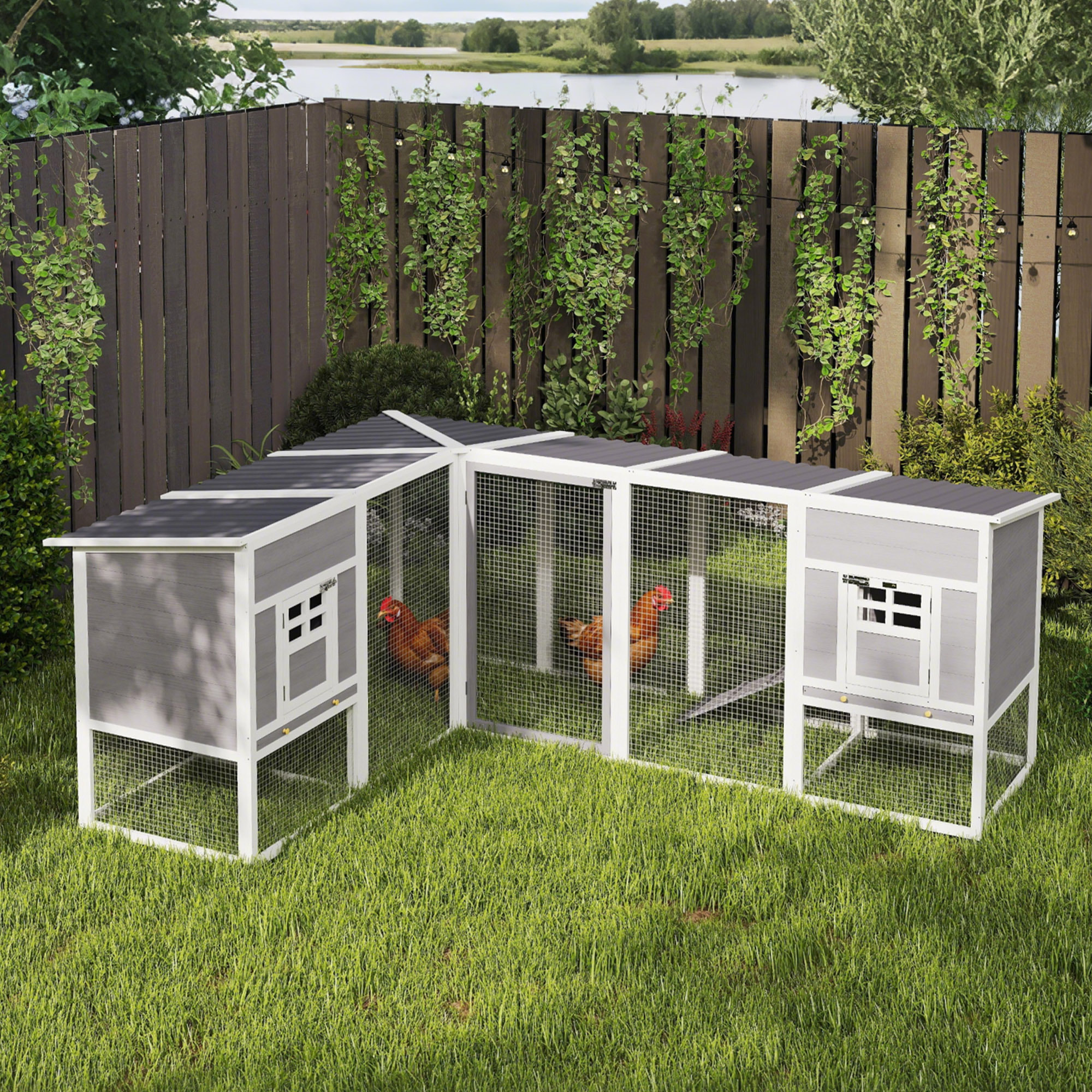 Gallinero de Madera Grande Exterior, Jaula para Gallinas en L para Esquina, con 2 Nidos, Corral, Bandejas Extraíbles, Techo de PET y Rampas, Casa Elevada para Conejos, 251x192x103 cm, Gris