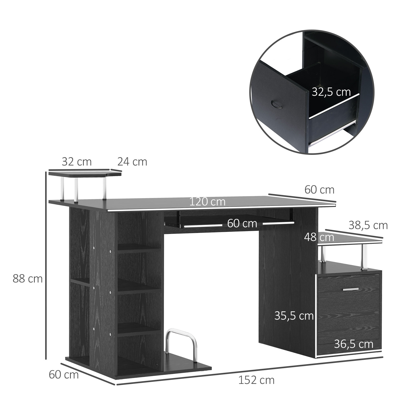 Mesa de Ordenador Mesa de Escritorio con 6 Estantes Cajón Bandeja de Teclado y Soportes para Monitor Impresora para Oficina Estudio 152x60x88 cm Negro