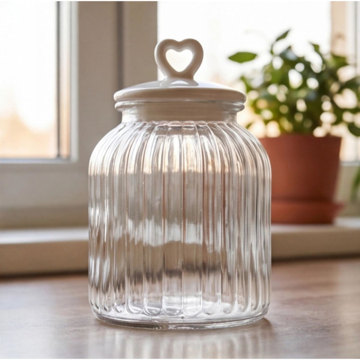 Barattolo in vetro con tappo in ceramica a cuore, contenitore alimenti trasparente, ideale per zucchero caffè biscotti e pasta, design elegante e pratico, organizer cucina resistente, facile da pulire