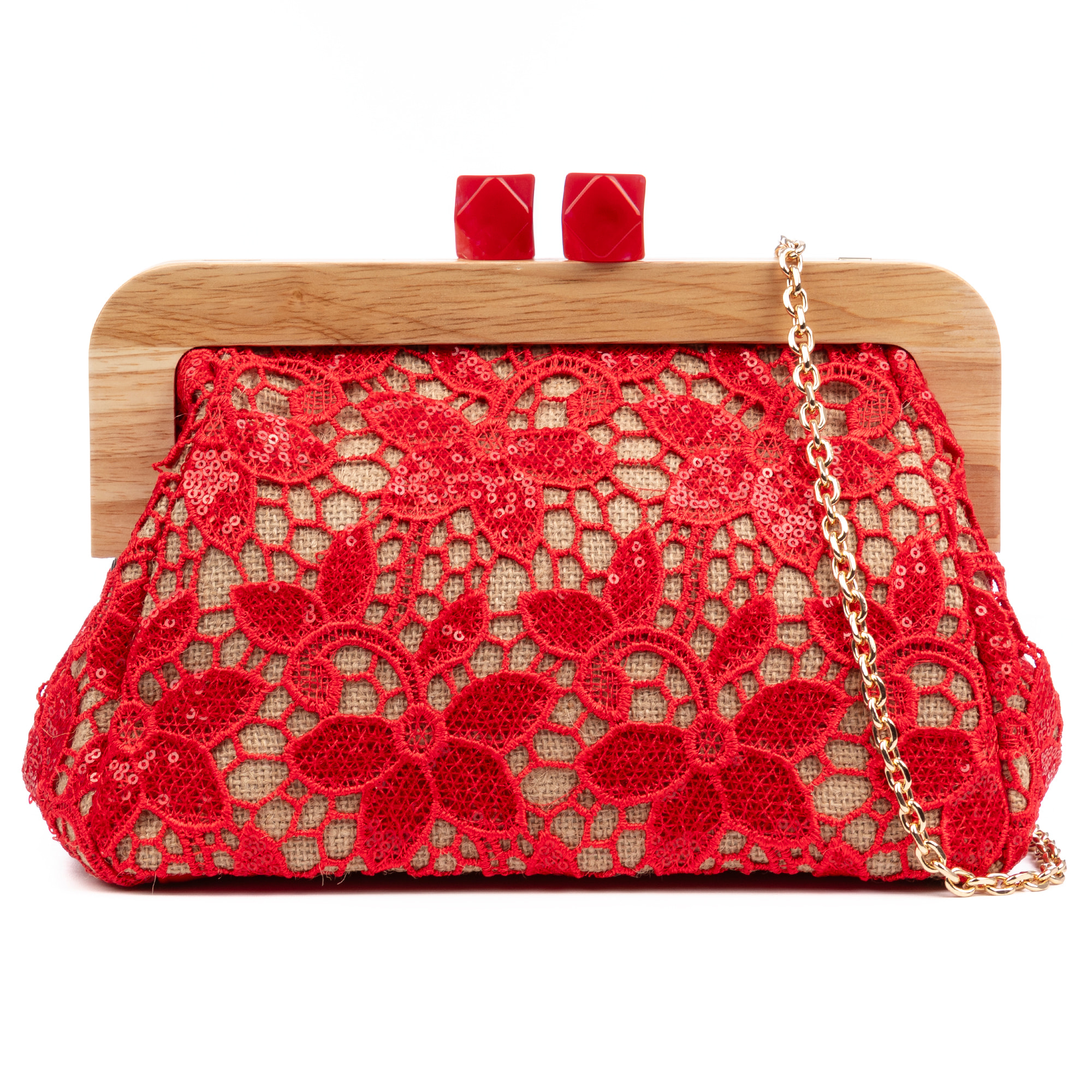 Borbera Borsa a tracolla Donna. Realizzata in legno naturale, cotone e juta con design in rete di tessuto floreale.