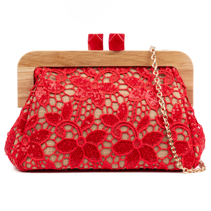 Borbera Borsa a tracolla Donna. Realizzata in legno naturale, cotone e juta con design in rete di tessuto floreale.