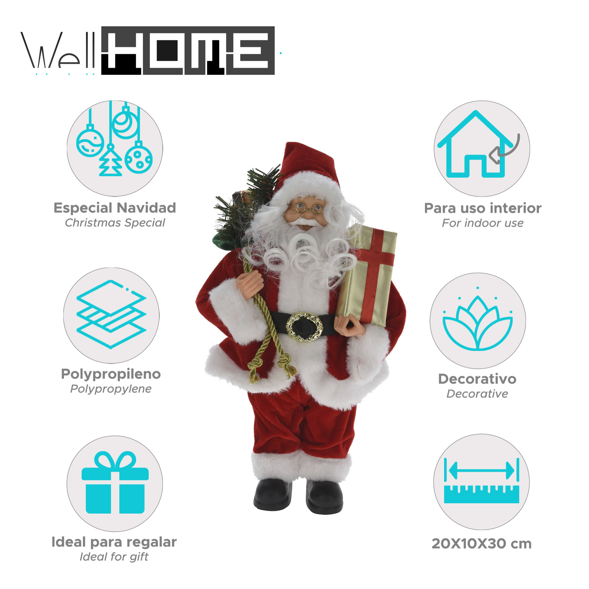 figura de papá noel de pie con regalo 20x10x30cm