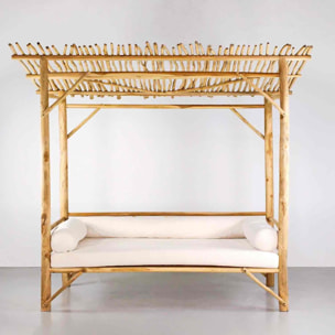 Baldacchino daybed in legno di teak riciclato 200x200cm con cuscini ecù - Okku