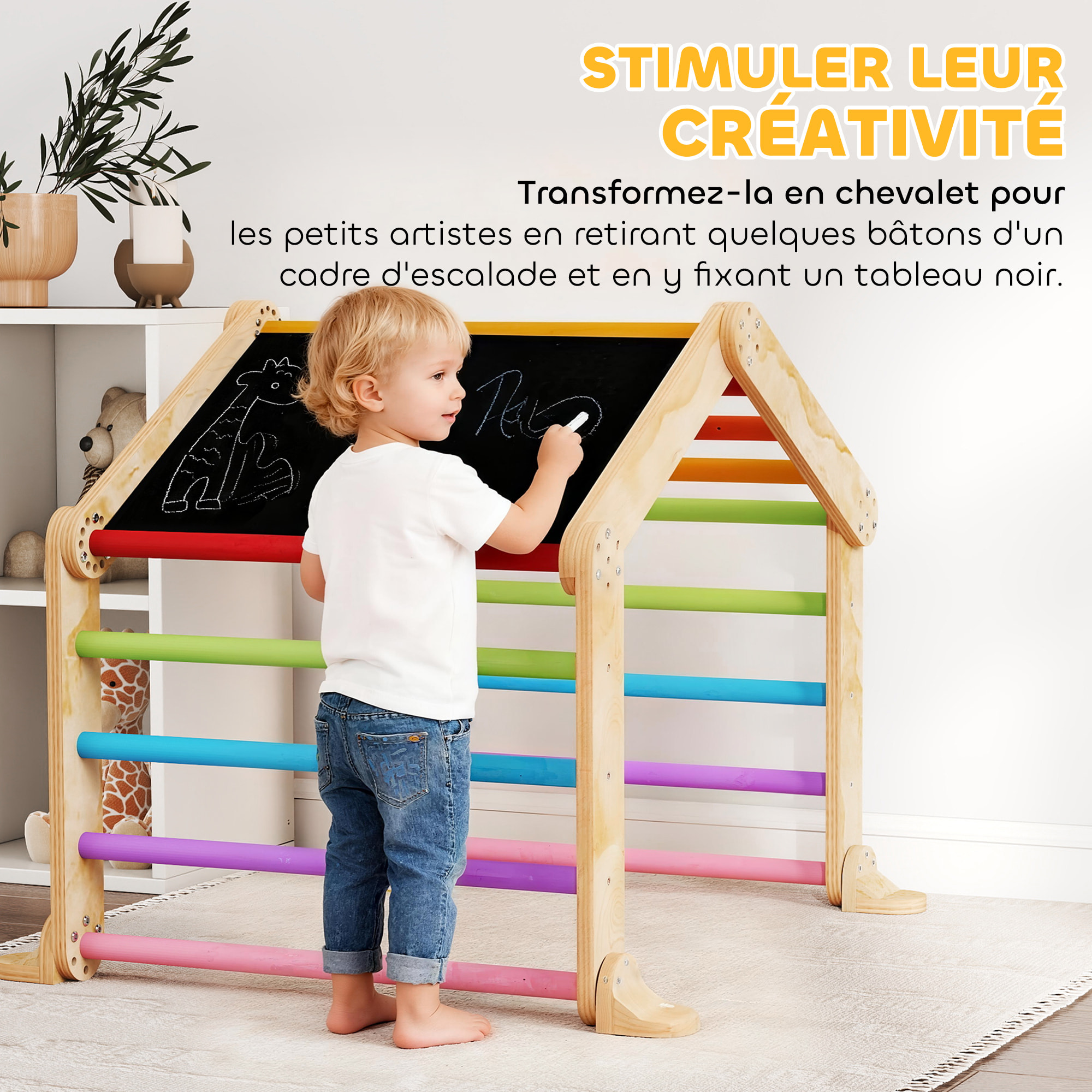 Triangle d'escalade enfant pliable 9 en 1 - aire de jeu enfant - bois naturel multicolore
