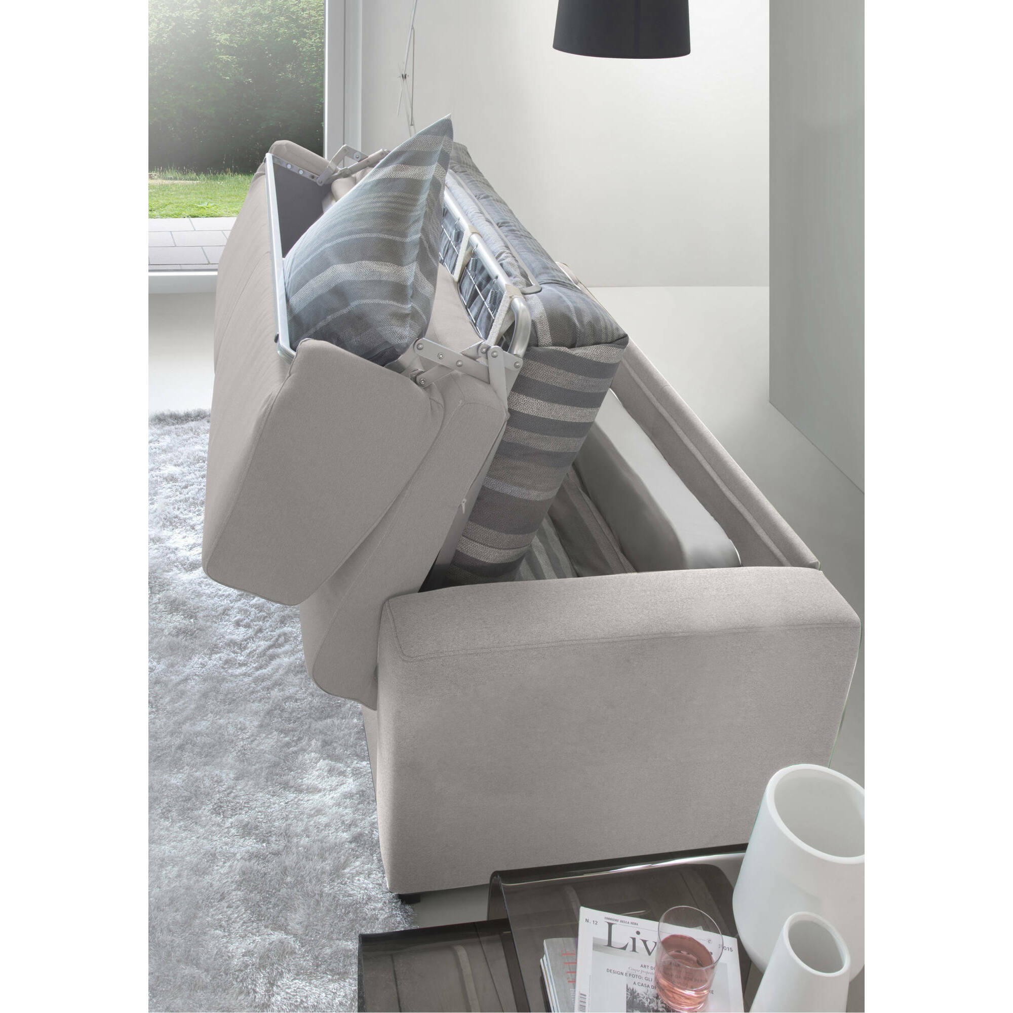 Divano Letto Aliana, Divano a 3 posti, 100% Made in Italy, Sofà Soggiorno con apertura girevole, in tessuto imbottito, con Braccioli standard, Cm 220x95h90, Grigio