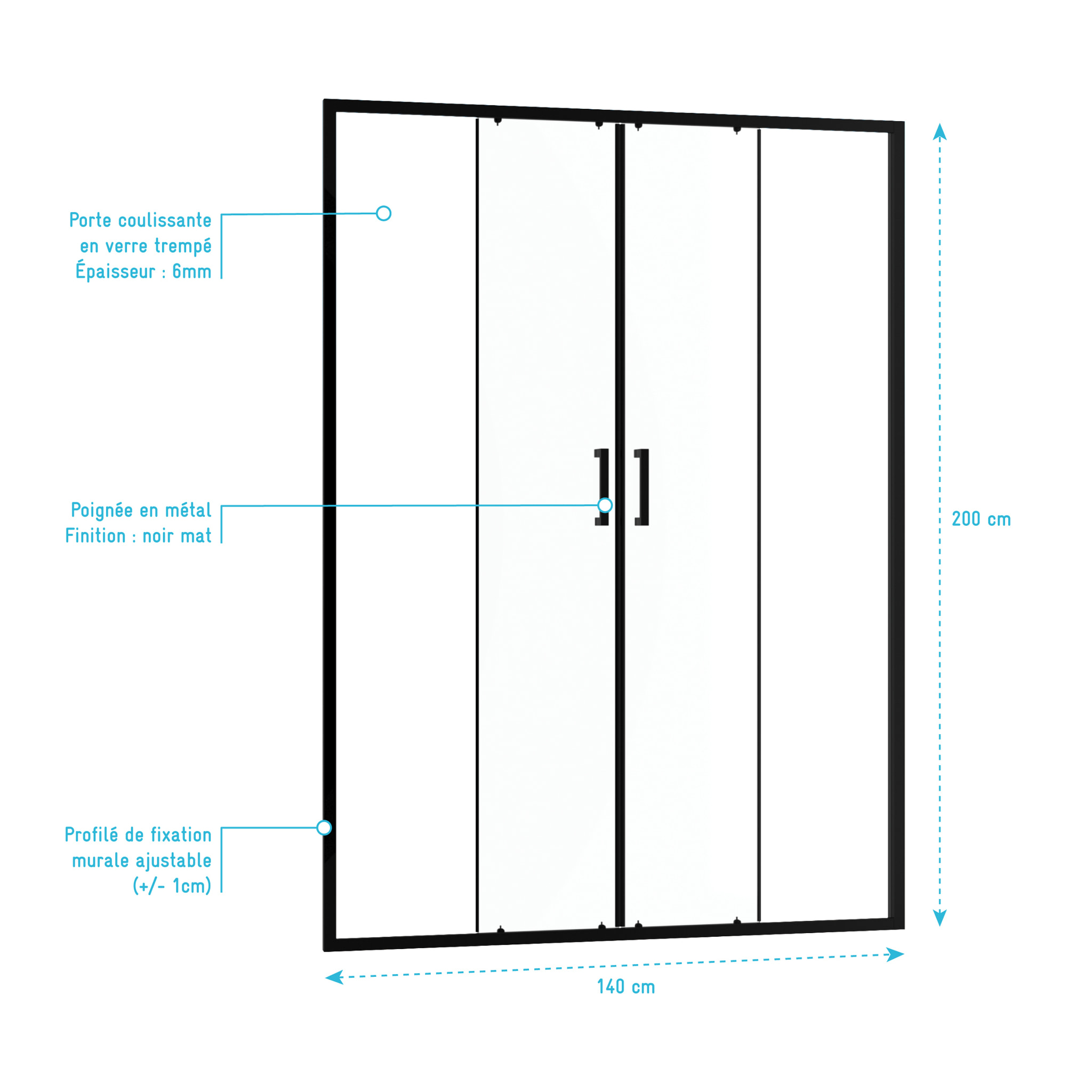Porte de douche Double Coulissant 140x200 cm - Verre transparent - Profilé Noir - CRUSH