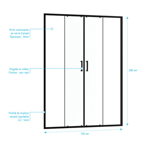 Porte de douche Double Coulissant 140x200 cm - Verre transparent - Profilé Noir - CRUSH