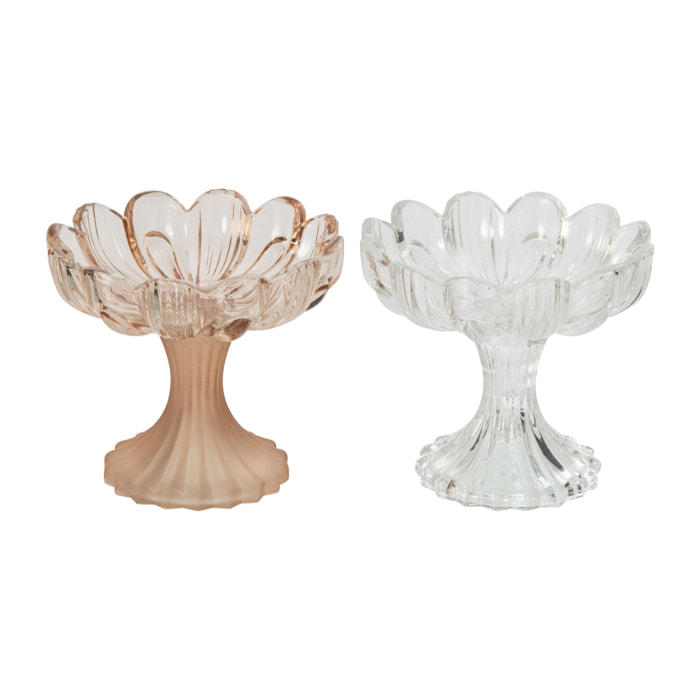 J-Line photophore sur base fleur - verre - beige/transparent - assortiment de 2