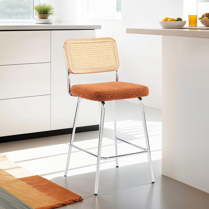 Lot de 2 chaises de bar en cannage et tissu bouclé, piètement chromé - MUSE
