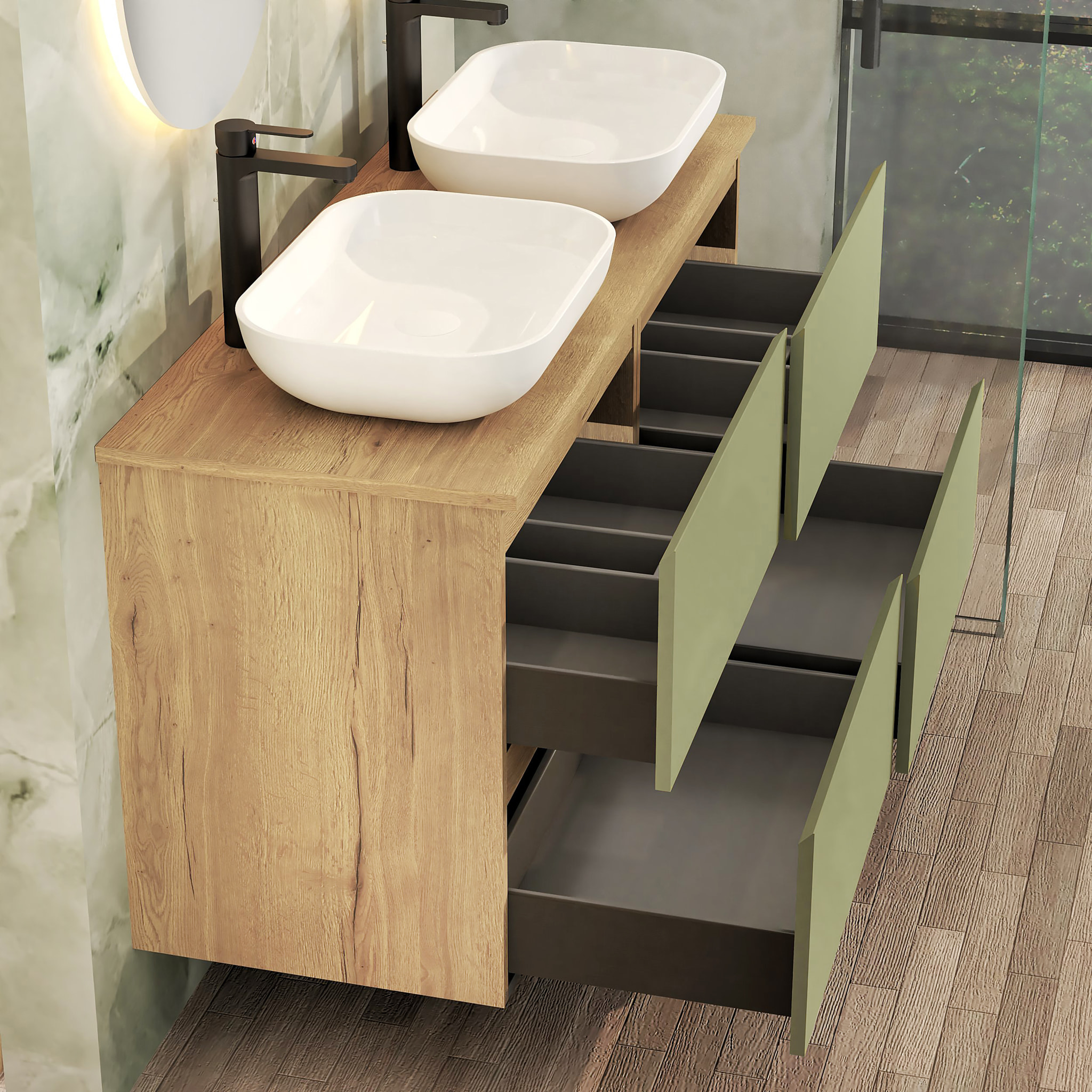 CONJUNTO DE BAÑO NIA | MUEBLE SUSPENDIDO | 140 CM VERDE | CUATRO CAJONES | LAVABO SOBRE ENCIMERA | NO INCLUYE ESPEJO | MUEBLE MONTADO| ALDAY