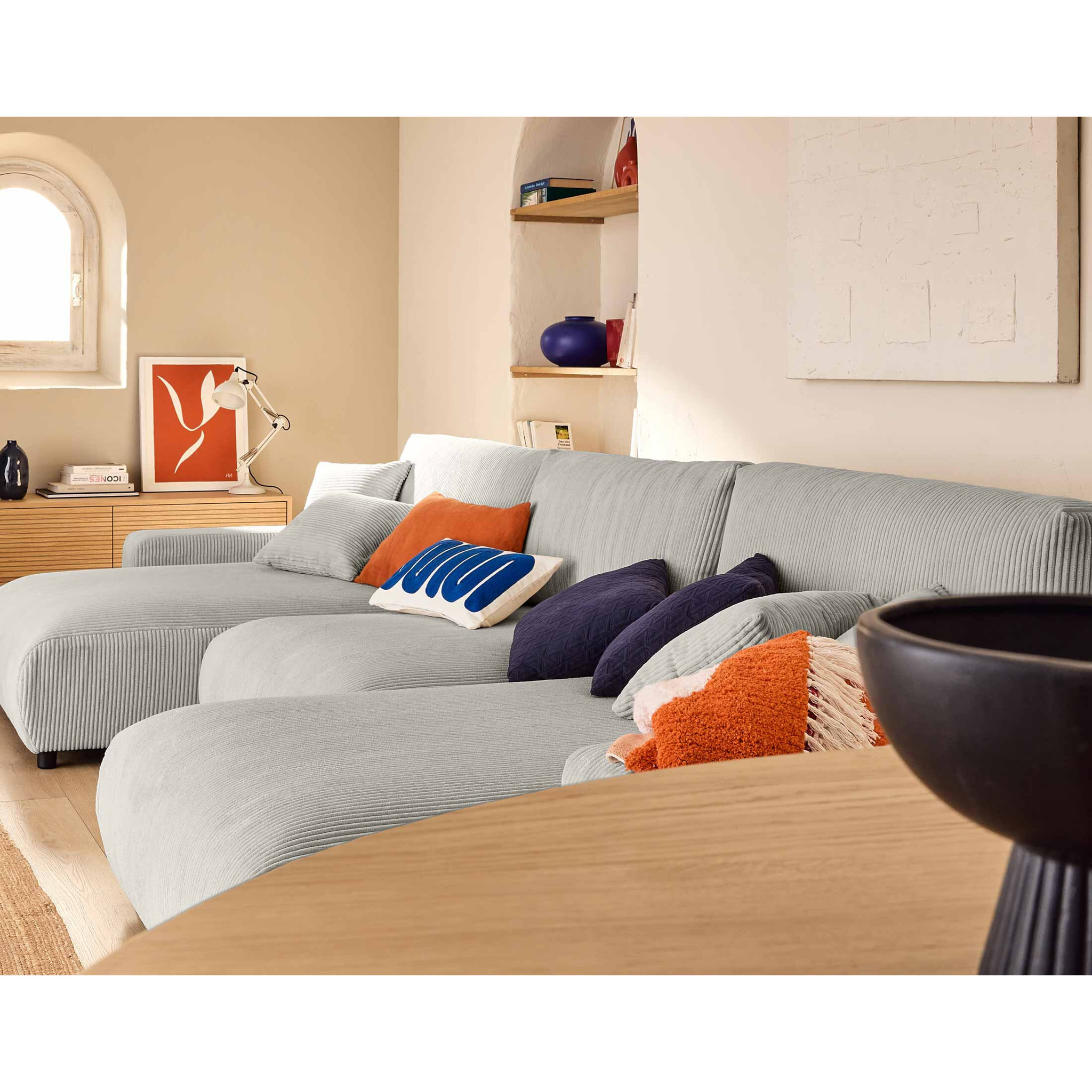 Pivoine - canapé panoramique en U - 7 places - convertible avec coffre - en velours côtelé - Gris clair