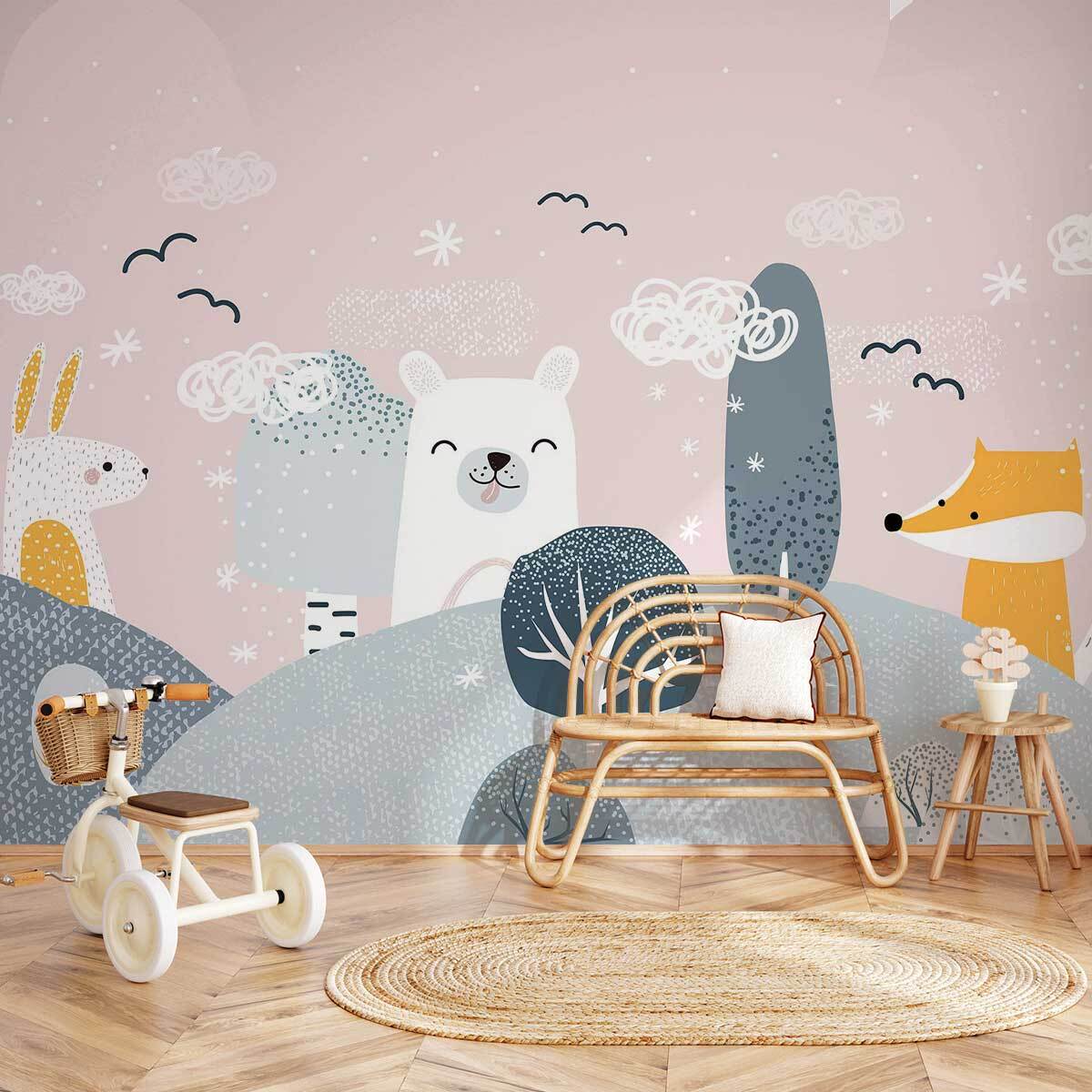 Papier peint enfant forêt douce animaux scandinave pastel Intissé