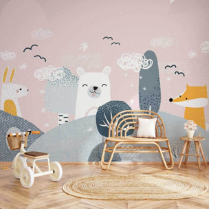 Papier peint enfant forêt douce animaux scandinave pastel Intissé
