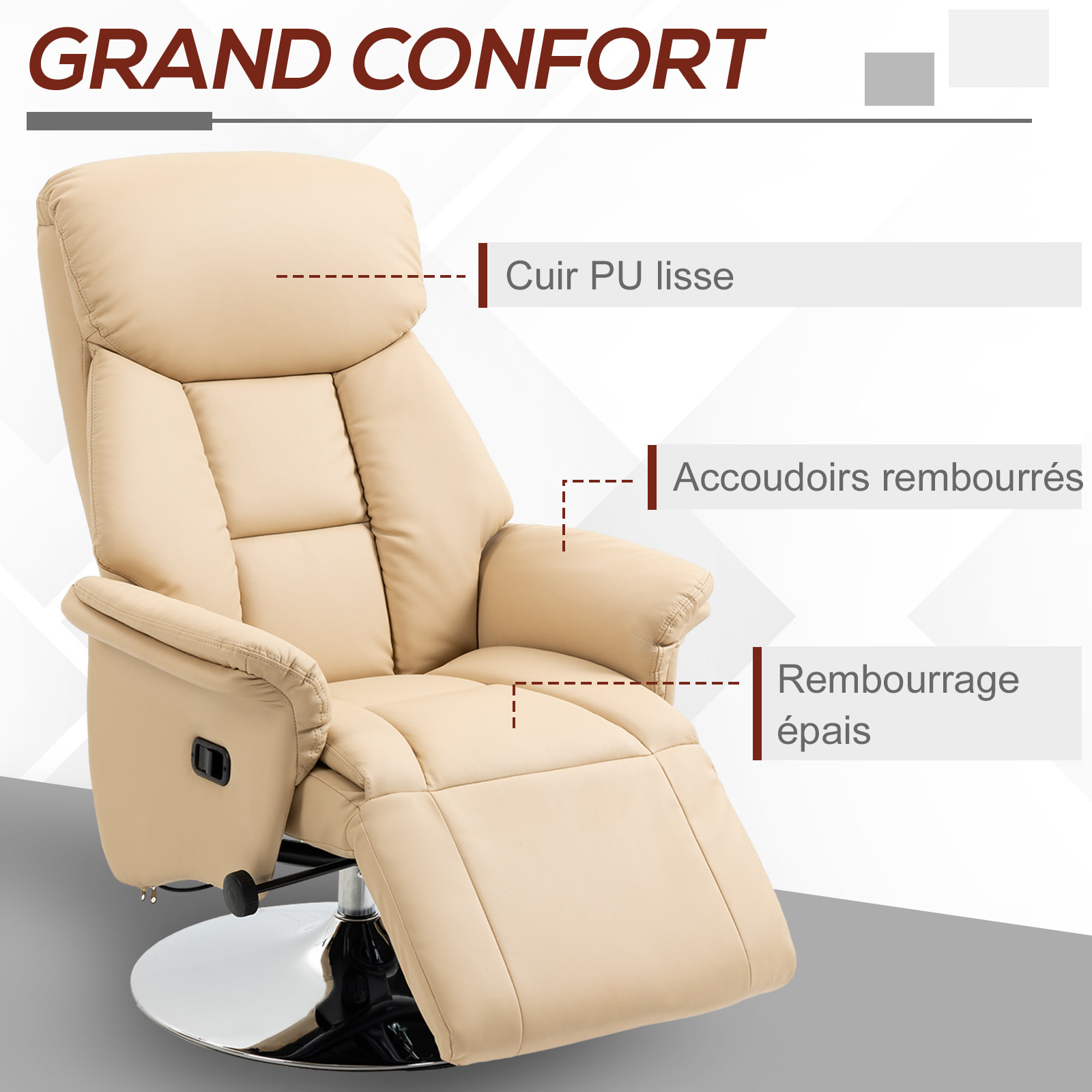 Fauteuil relax inclinable repose-pied réglable pivotant 360° piètement métal chromé revêtement synthétique beige