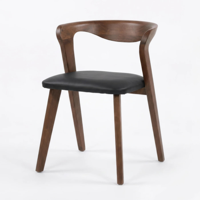 Chaise en bois d'hévéa marron et cuir synthétique noir - Vega