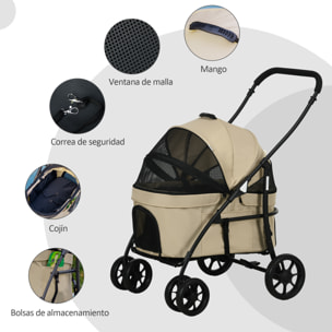 Carrito para Perros 2 en 1 Cochecito para Perros Pequeños Plegable con 2 Correas de Seguridad 2 Bolsillos Laterales Cojín Lavable y Ruedas Universales Carga 15 kg Caqui