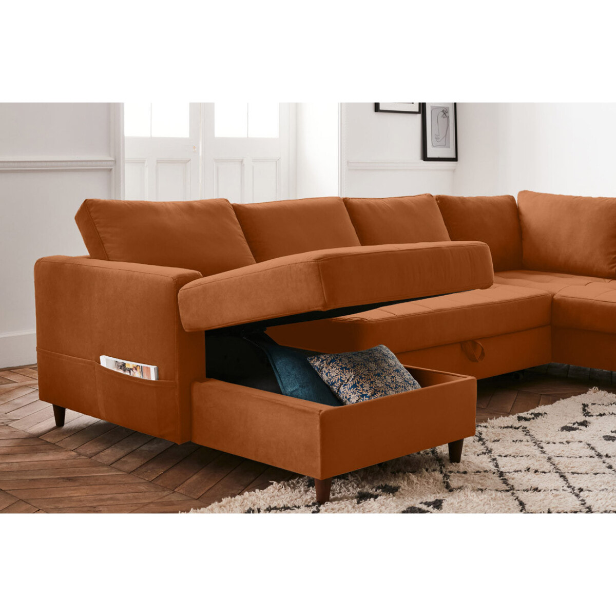 Anna - canapé panoramique d'angle droit - 7 places - convertible avec coffre - en velours - Rouille