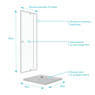 Pack porte de douche pivotant blanc de 78 à 90x185cm + receveur 90x90 - WHITY PIVOT