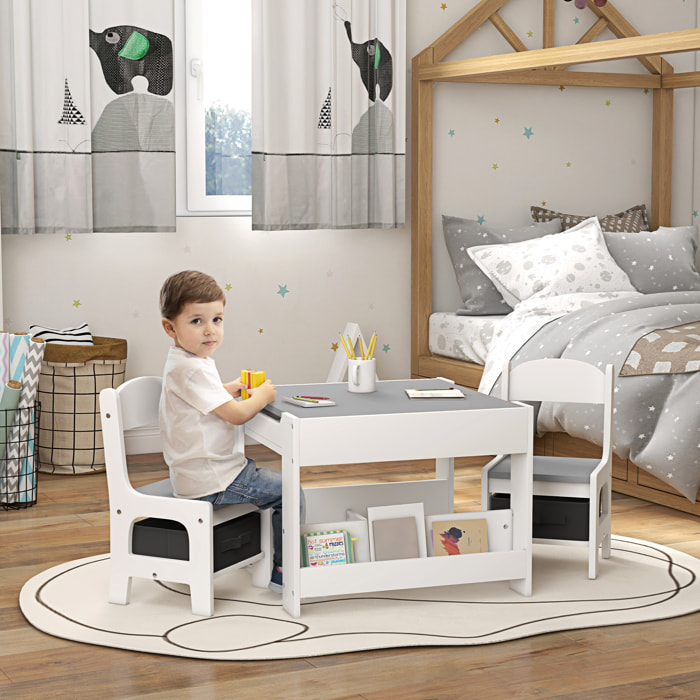 Ensemble table et chaises enfant - 3 pcs - plateau table réversible tableau noir - rangements - étagère - blanc gris