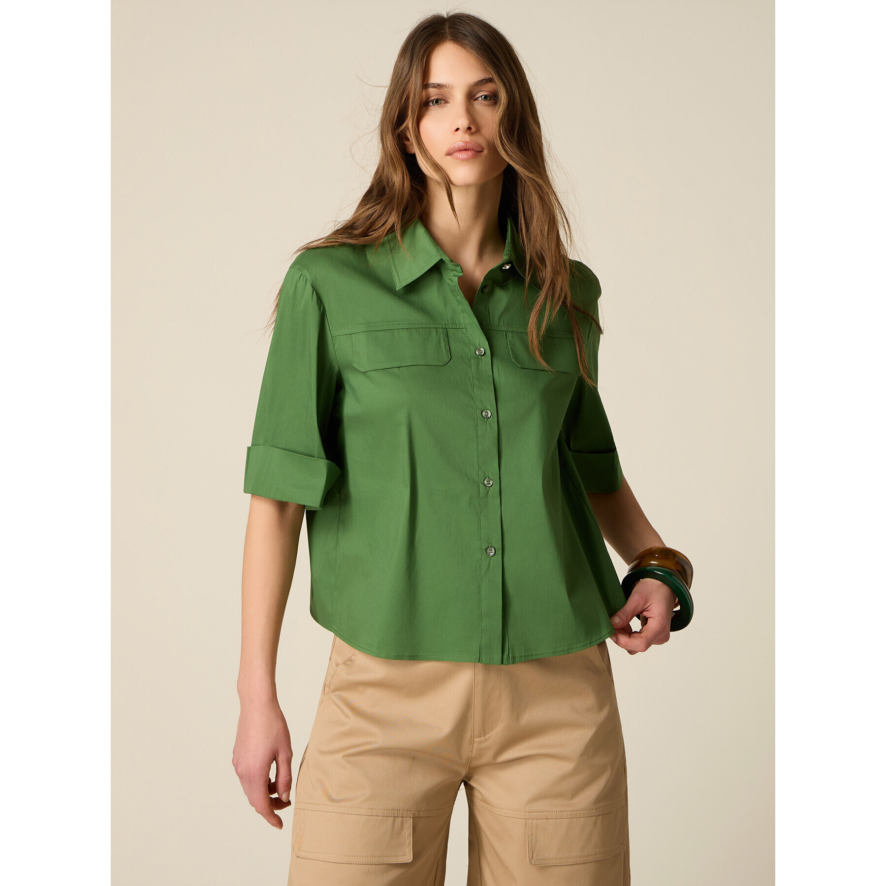 Oltre - Camisa de popelín con bolsillos - Verde