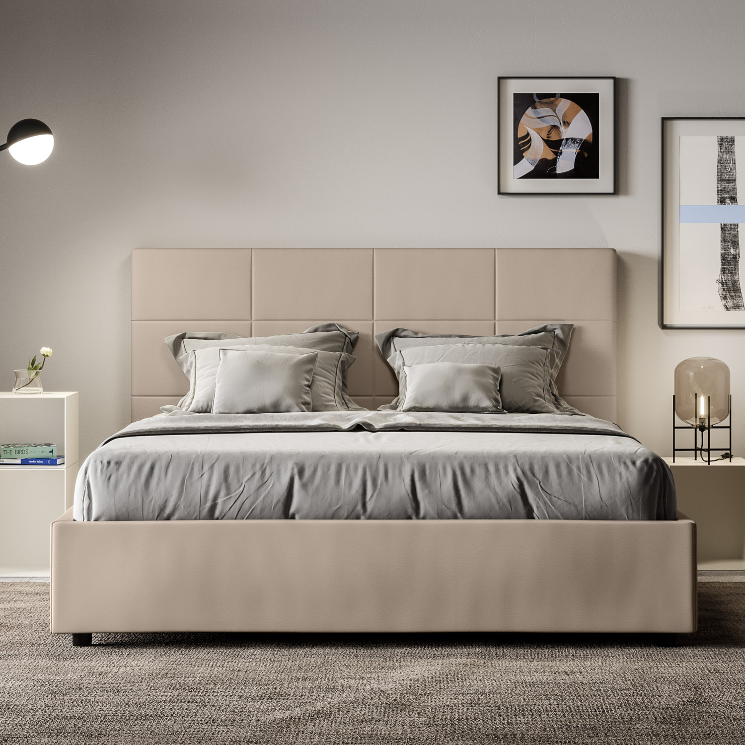 Cama con almacenaje acolchada 160x190 cuero sintético gris paloma Mika