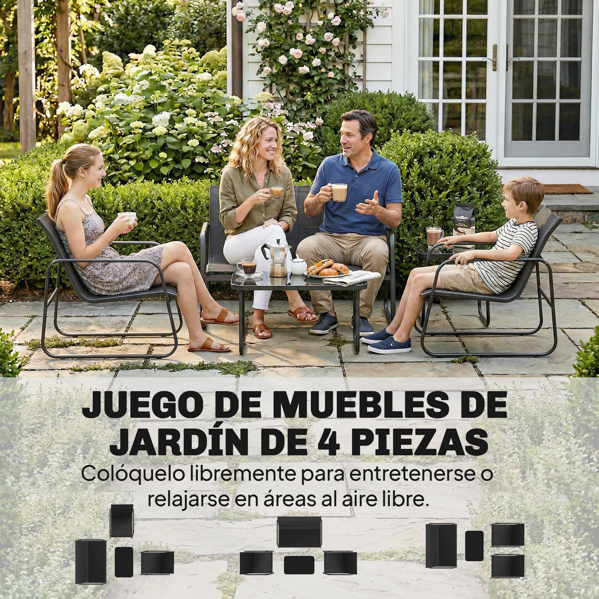 Conjunto Jardín Exterior de 4 Piezas, Muebles Jardín Exterior con Sofá de 2 Plazas, 2 Sillones, Mesa de Vidrio Templado, Tela de Textilene Transpirable, Estructura de Acero, Gris Oscuro