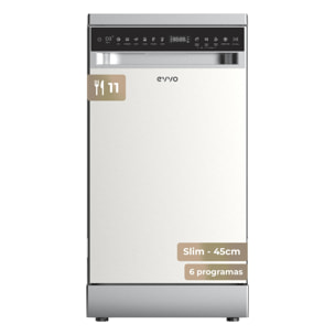 EVVO Lavavajillas D3YX Slim 45cm Libre Instalación 11 Cubiertos, 6 Programas, Panel Táctil, Inox
