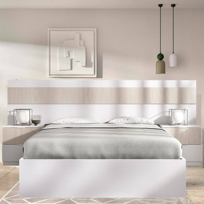 Letto alla francese Bonnie, Sommier per camera da letto, Giroletto per stanza, Struttura porta materasso, 248x195 h96 cm, Bianco e Rovere