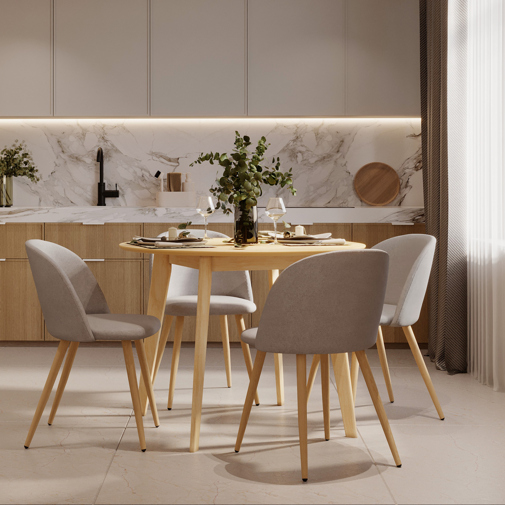 Table et chaises 4 personnes en tissu taupe et bois - Réno