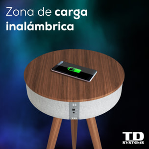 Mesa auxiliar altavoz portátil con sonido de 30W, Bluetooth, base de carga inalámbrica, batería de 2200mAh. Mesilla o mesita para dormitorio o sala de estar - TD Systems SM30B11WR [Madera roble]