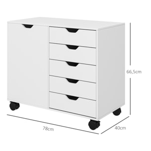 Caisson rangement bureau support d'imprimante 5 tiroirs porte étagère dim. 78L x 40l x 66H cm blanc