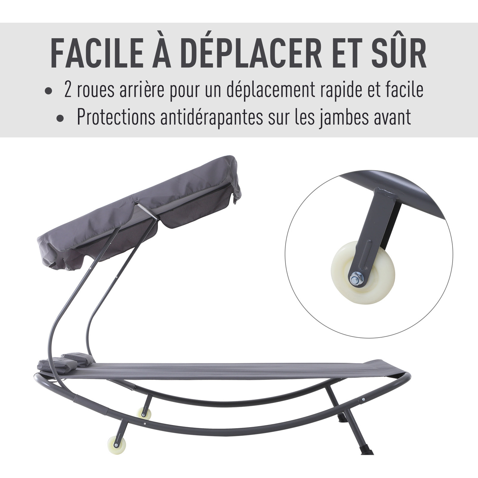 Bain de soleil 2 places lit de jardin design contemporain toit réglable 2 roulettes 2 oreillers acier époxy polyester gris