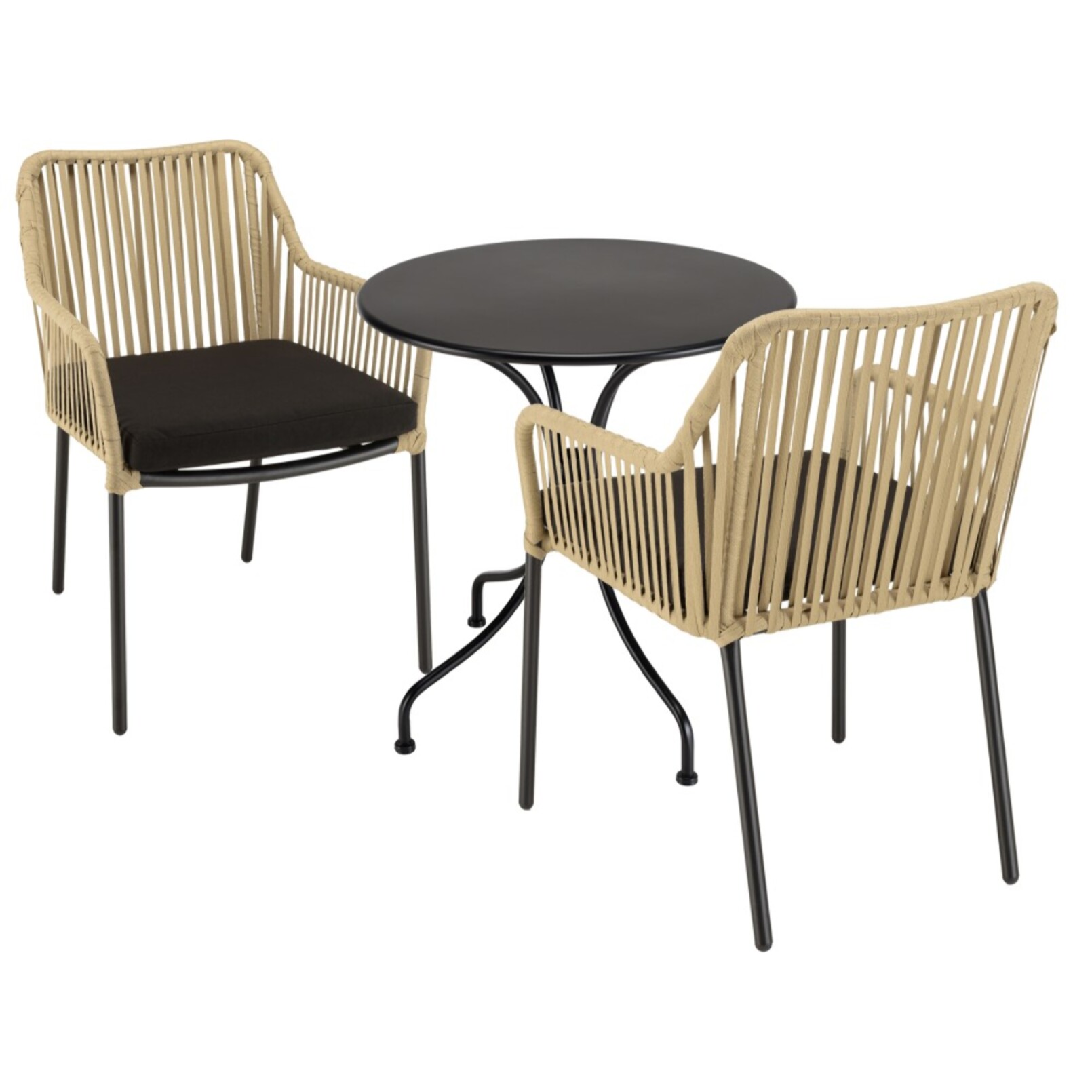MALO - SALON DE JARDIN 2 PERS. - Table ronde 70x70cm et 2 fauteuils beiges et noirs en cordage