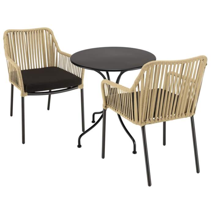 MALO - SALON DE JARDIN 2 PERS. - Table ronde 70x70cm et 2 fauteuils beiges et noirs en cordage