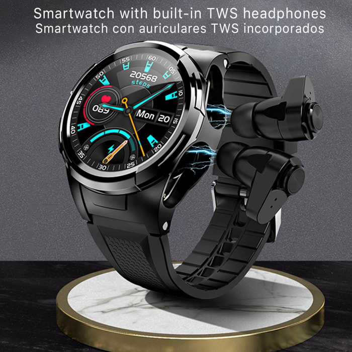 Smartwatch S201 multideporte, tensión y O2 en sangre, con auriculares TWS 5.1 integrados