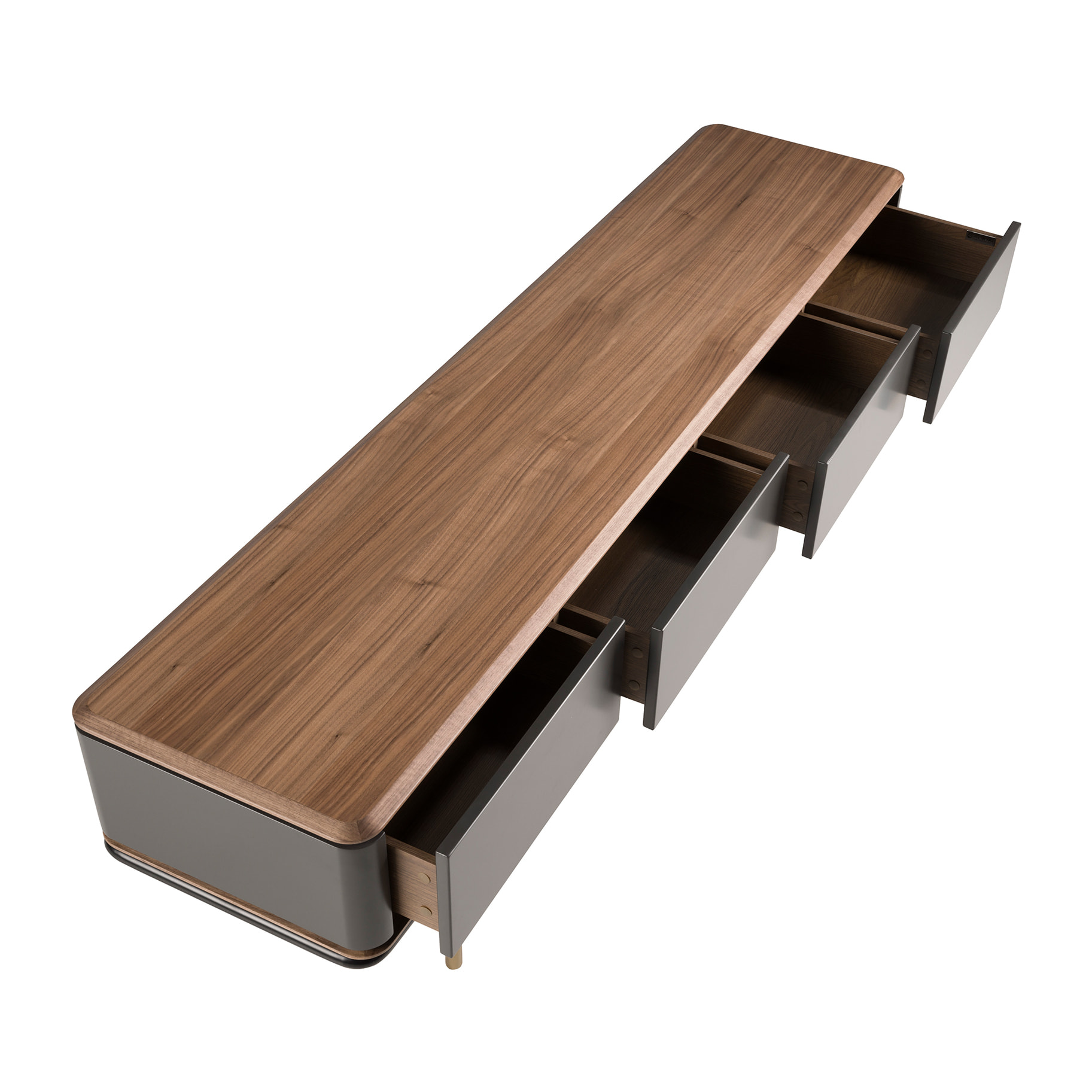 Mueble TV de madera de MDF en gris oscuro mate y patas de acero inoxidable en negro tapa de madera chapada en nogal 200x45x50cm