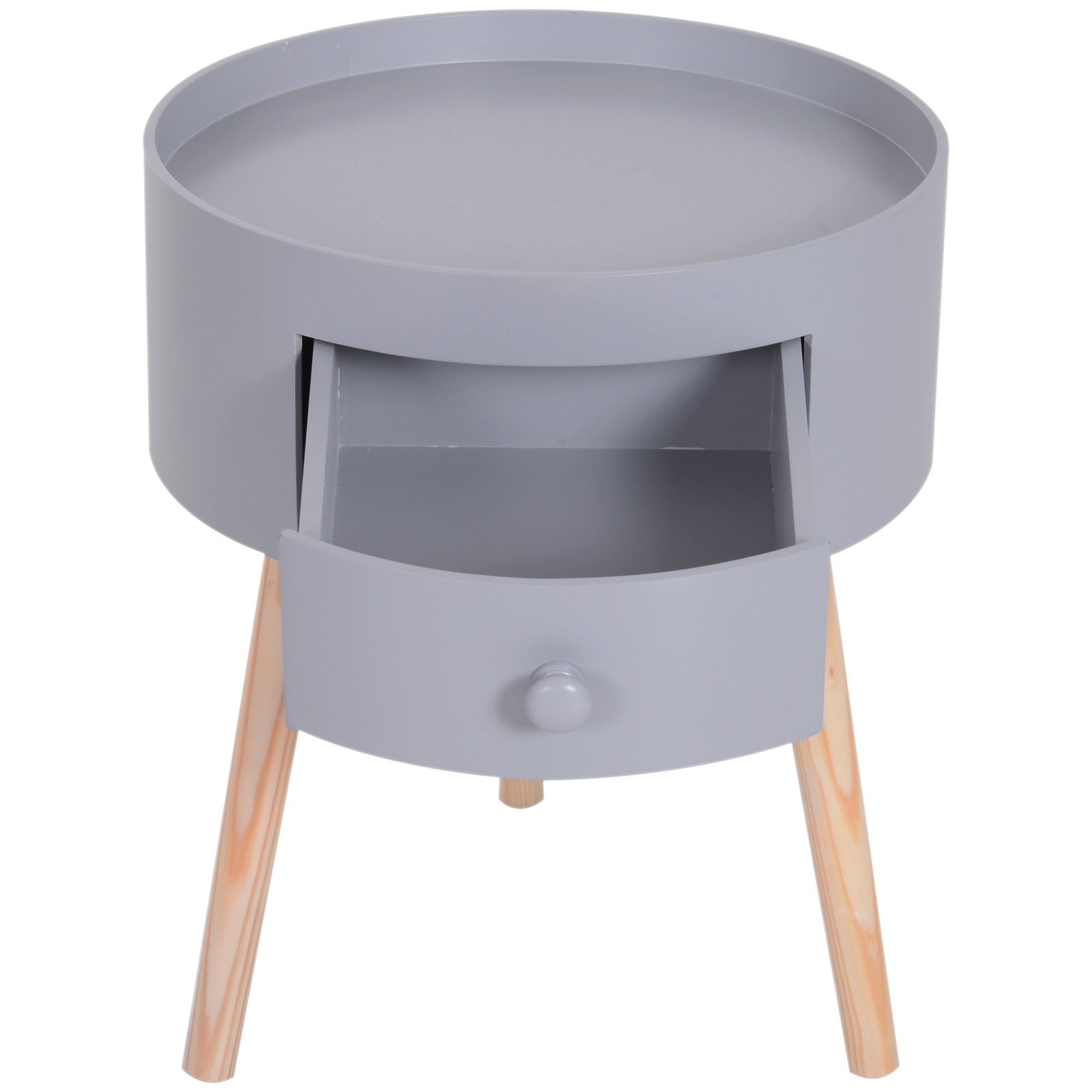 Chevet table de nuit ronde design scandinave tiroir bicolore pieds effilés inclinés bois massif chêne clair gris