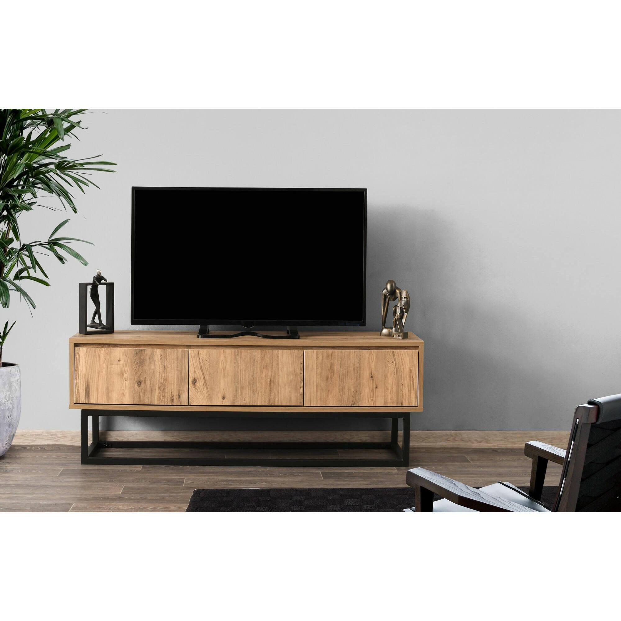 Mobile porta TV Dpinat, Credenza da soggiorno, Armadio basso per TV, Base parete attrezzata, 140x40h50 cm, Quercia e Nero