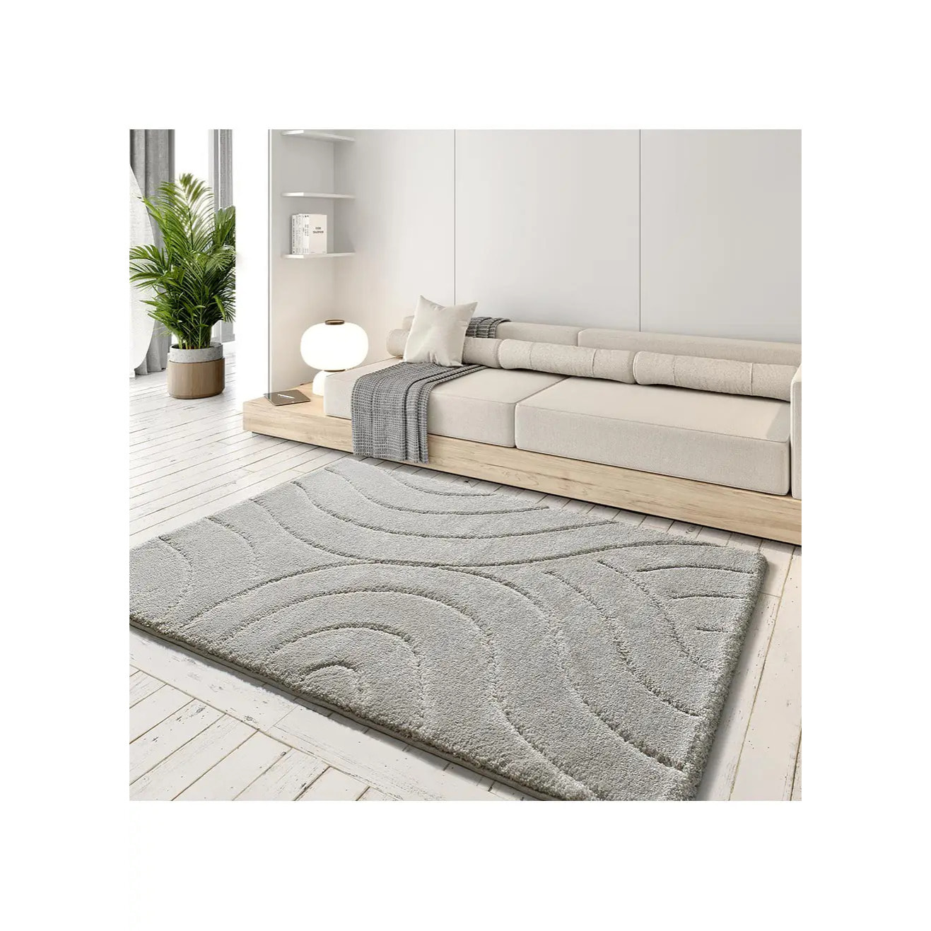 MOLIER Alfombra shaggy con formas abstractas en plata, varias medidas disponibles.
