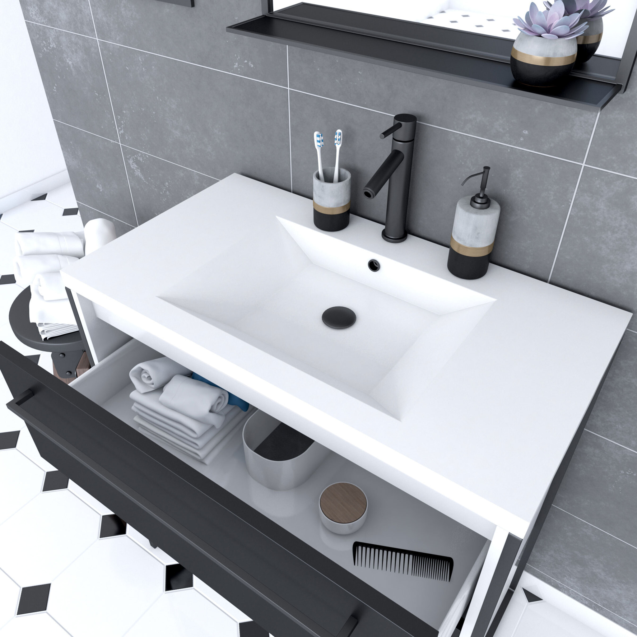 Pack meuble de salle de bain 80x50 Blanc - 2 tiroirs + vasque resine blanche + miroir noir mat