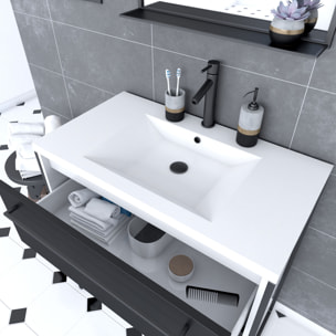 Pack meuble de salle de bain 80x50 Blanc - 2 tiroirs + vasque resine blanche + miroir noir mat