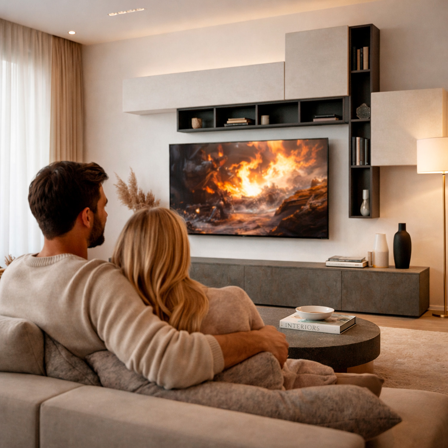 Parete Attrezzata Soggiorno Con Librerie Basi A Ribalta Pensili Push-Pull Mobile TV Moderno Reversibile 200 x 276 x 39.6 Cm Grafite Ossidata E Bianco