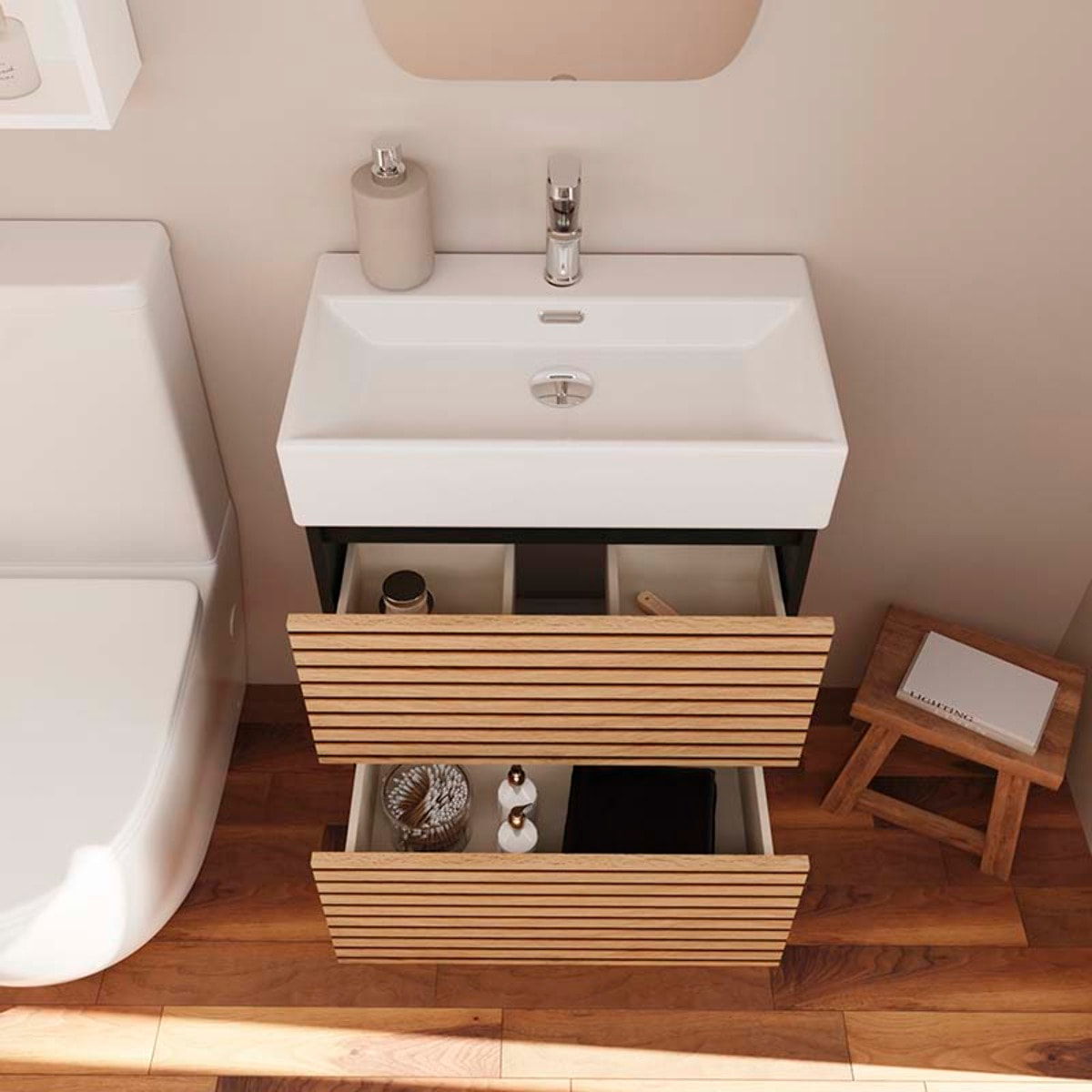 Conjunto de Baño YINU | 70 cm Negro - Solomon | Fondo 36 cm | Dos Cajones | Lavabo Encastrado | No incluye Espejo | Mueble Montado | Alday